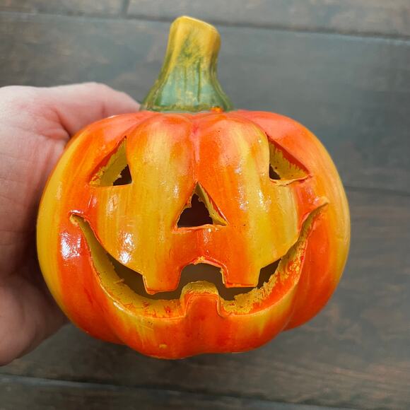 Ceramic Pumpkin Candle Holder Jack O Lantern Votive Tea Light Chelsea Home VTG - Picture 2 of 9